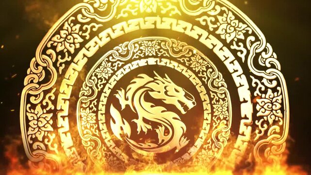 Golden Chinese dragon emblem with ornate circular patterns and fiery animation