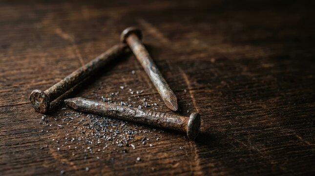 Three old weathered iron nails lie scattered across dark textured wood surface with metal shavings under soft cinematic warm lighting