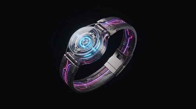 Cyberpunk smart bracelet with a transparent energy core, carbon composite body and electric blue illumination enhanced by neon pink purple circuitry.