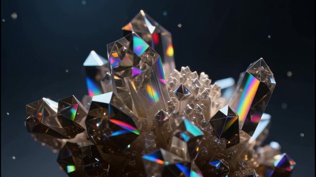 Iridescent crystal cluster with rainbow light refraction against dark background