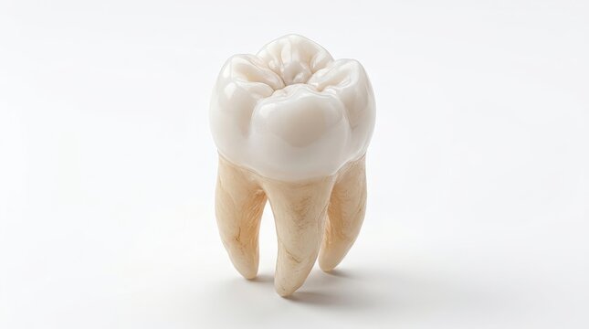 Realistic human tooth molar isolated on white background showing detailed enamel texture and healthy roots for dental medical healthcare advertisements