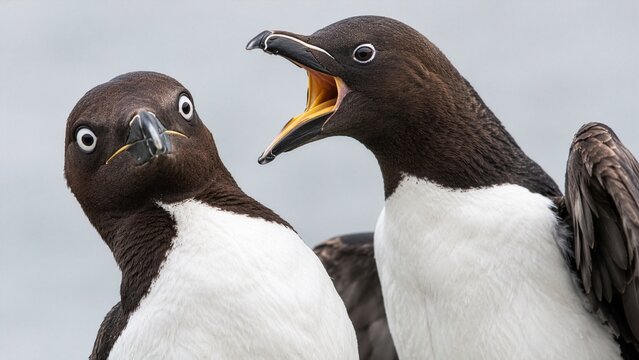 Funny seabird shouting at another bird looking surprised and confused