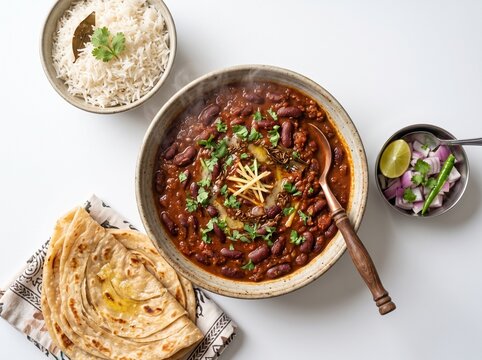 Delicious rajma curry served with steamed basmati rice and flaky paratha bread