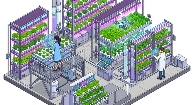 Isometric vector illustration of futuristic indoor hydroponic urban farm with scientists monitoring crops using digital tablets