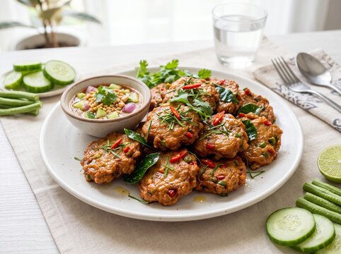 Thai fish cake served with cucumber relish dipping sauce on a white plate