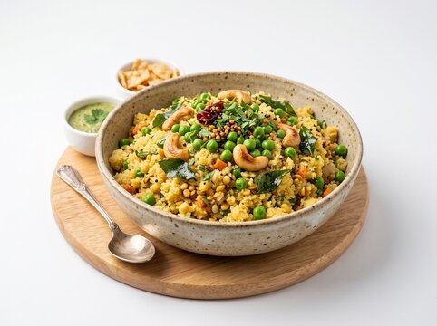 Bowl of traditional Indian upma garnished with green peas cashews and curry leaves
