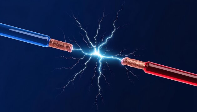 High voltage electrical discharge arcing between two copper wires against a dark blue background