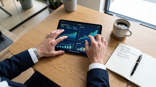 Close up of hands using tablet with financial charts and graphs on wooden desk, business analysis, stock market trading, investment strategy planning concept