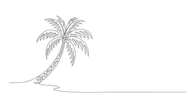 Continuous single line drawing of a tropical palm tree on sandy ground with line art vector graphic vacation