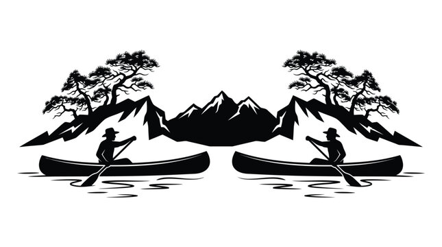 Silhouette illustration featuring two individuals paddling canoes across calm water with majestic mountain peaks and evergreen trees located in the remote wilderness area on white background