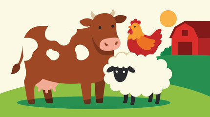 Fototapeta premium Farm Animals Cow Sheep Chicken Barn Sunny Day