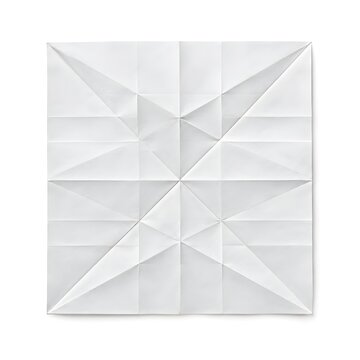 White origami paper folded into geometric patterns on a clean white background, showcasing intricate creases and minimalist design