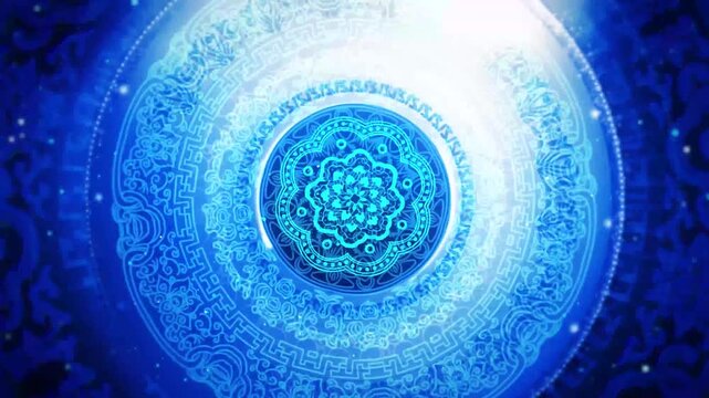 Blue ornamental mandala pattern with glowing concentric circles and intricate filigree details, digital animation background