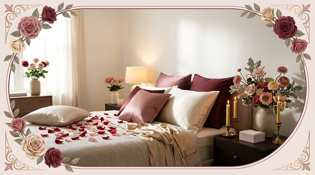 Luxury Bedroom Valentine Romantic Poster Design with Rose Petals and Floral Decor