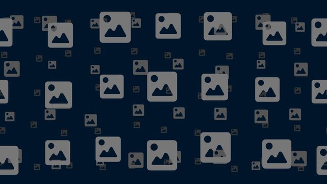 Image symbols float horizontally from left to right. Parallax fly effect. Floating symbols are located randomly. Seamless looped 4k animation on dark blue background