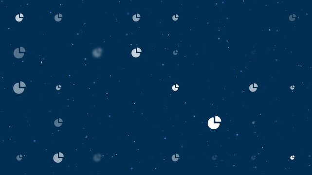 Template animation of evenly spaced pie chart symbols of different sizes and opacity. Animation of transparency and size. Seamless looped 4k animation on dark blue background with stars
