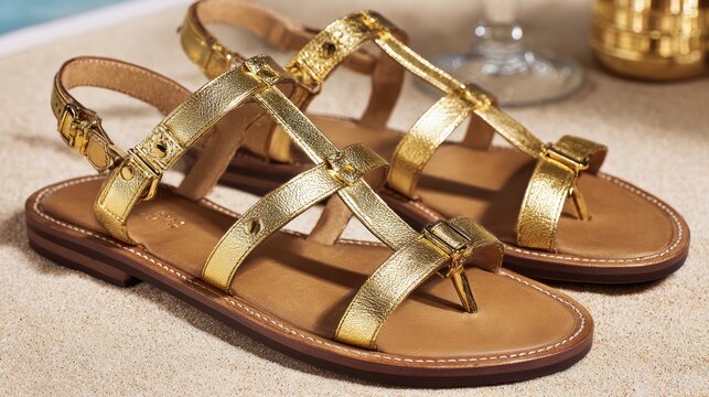 Golden Sandals Elegance: A pair of stylish gold flat sandals with buckle and strap details rests on a textured surface, exuding casual luxury and chic appeal.