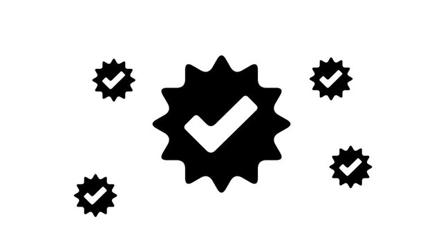 Zoom in and out animation the verified badge symbol. Large black symbol in the center and four small symbols around. Seamless looped 4k animation on white background