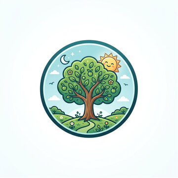 Tree of Life Circular Logo Icon with Sun and Moon Vector Illustration