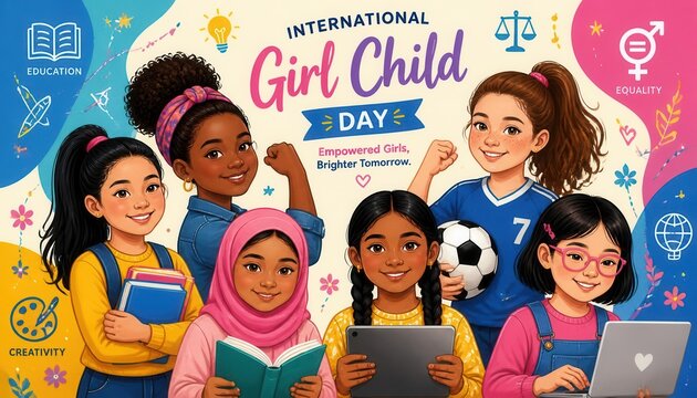Empowered Girls, Brighter Tomorrow: Celebrating International Girl Child Day with a vibrant illustration showcasing a diverse group of young girls engaged in education, sports, and creativity.