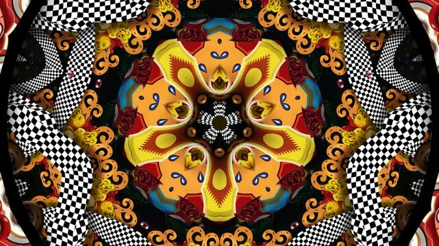 Symmetrical kaleidoscopic animation with ornate floral and checkered patterns rotating in hypnotic motion
