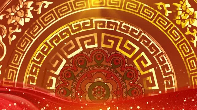 Ornate Chinese-style golden pattern with red silk wave and glowing particles, traditional decorative background for festive celebrations