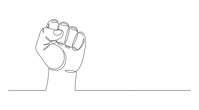 Minimalist continuous single line art drawing of a clenched human fist with continuous minimalist solidarity