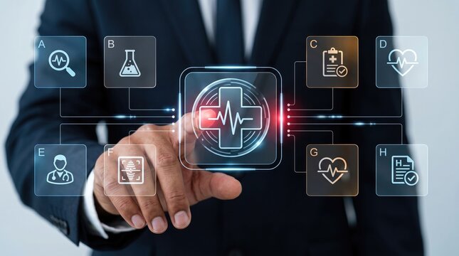 A professional businessman in a suit interacting with a futuristic digital medical interface displaying health icons and data analytics