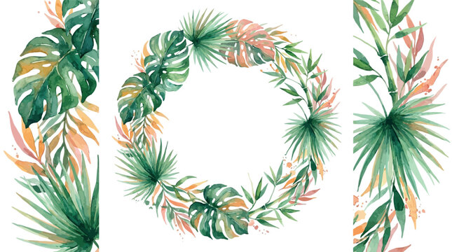 Watercolor tropical leaves collection vector illustration featuring a circular wreath frame and vertical side borders with monstera palm and bamboo foliage
