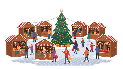 Obraz premium Flat design illustration of a bustling winter market with decorated stalls, people shopping, and a large Christmas tree.