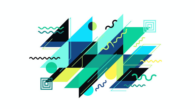 Abstract geometric pattern with colorful triangles, parallelograms, circles, and wavy lines on a white background, creating a dynamic and modern design.