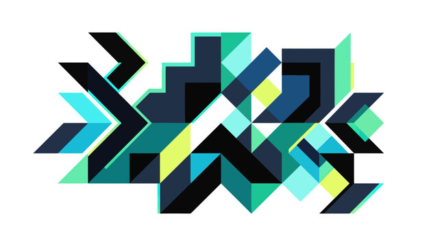 Abstract geometric pattern with overlapping triangles and arrow shapes in shades of blue, green, and black, creating a dynamic and modern digital design.