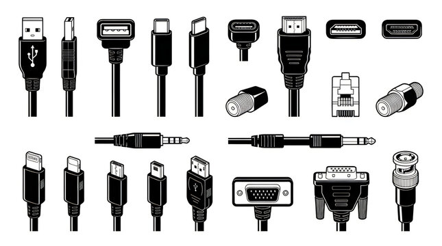Collection of computer cables and connectors