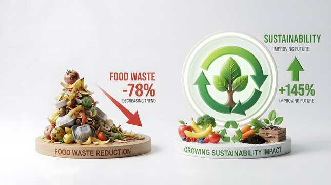Conceptual illustration showing food waste reduction and increasing sustainability impact with organic growth and recycling symbols.