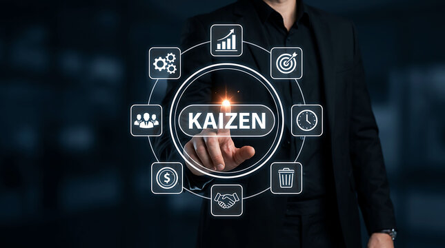 Businessman pressing digital Kaizen button for continuous improvement concept