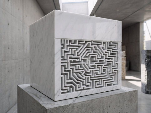 White marble cube sculpture with intricate maze pattern in modern gallery
