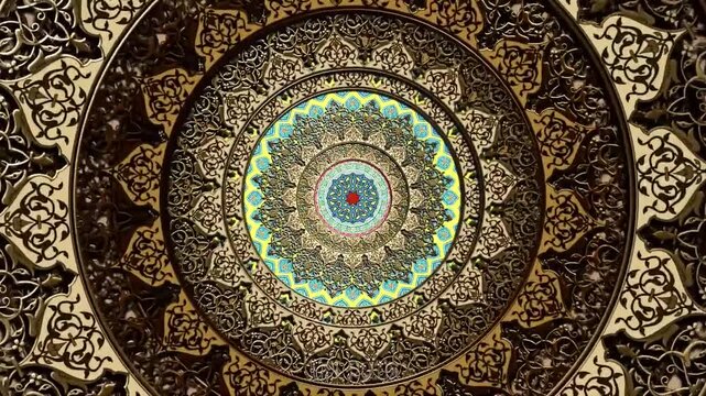 Intricate Islamic geometric ceiling dome with carved wood and inlaid tile patterns, rotating slowly for architectural detail showcase