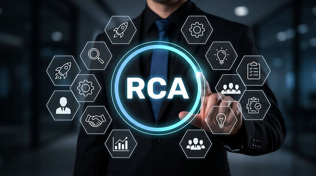 Businessman touching RCA concept button on futuristic digital interface screen