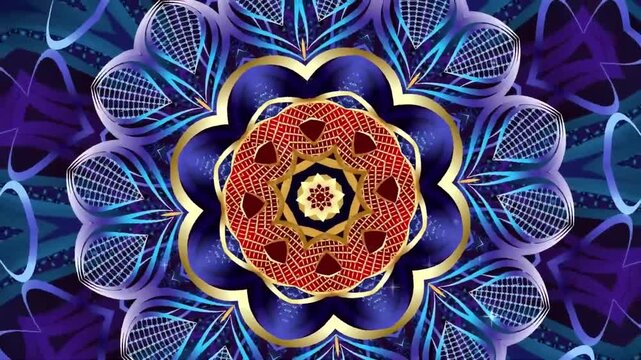 Animated kaleidoscopic mandala with red gold and blue symmetry, rotating floral geometric pattern for digital art and meditation background