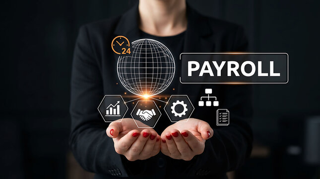 Professional woman holding digital payroll and global business technology icons