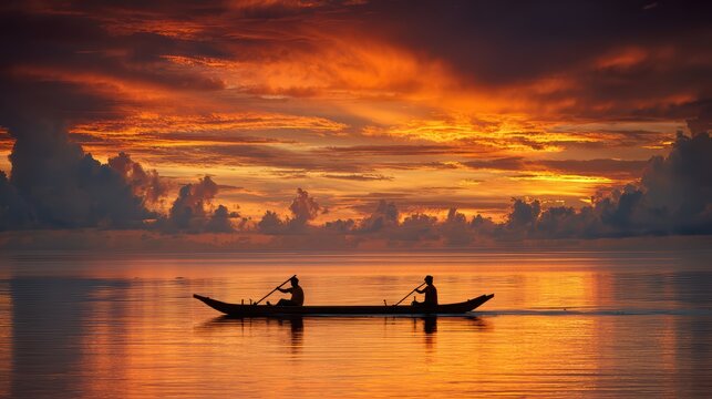 Sunset Serenity: Two silhouetted figures paddle a traditional canoe across a tranquil body of water, bathed in the breathtaking hues of an African sunset. A scene of profound peace and adventure.