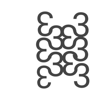 An abstract symmetrical pattern consisting of a combination of elegant curved shapes resembling the number three and dynamic ribbon scrolls. These ornaments are arranged vertically and facing each oth