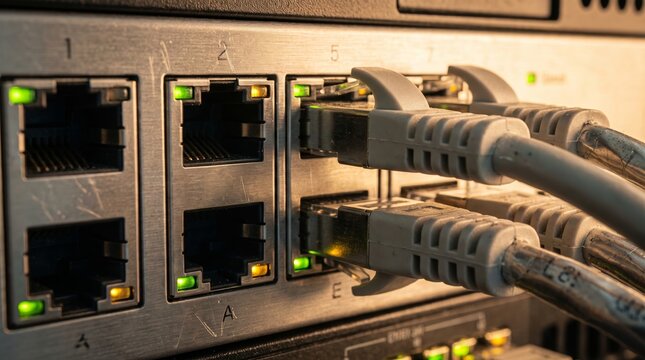 Close-up of Ethernet cables connected to a network switch in a professional data center server room