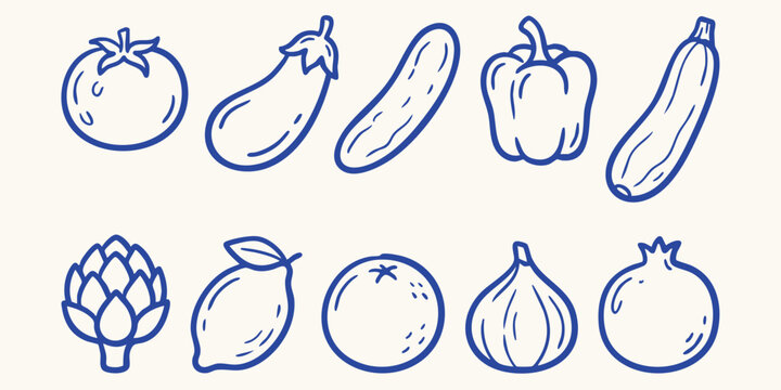 A collection of hand drawn doodle vegetables and fruits on a light background for healthy eating concepts
