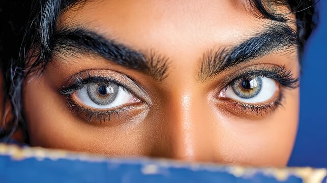 Intense Gaze: A close-up shot focuses on a person's piercing eyes, framed by thick, dark eyebrows and framed by a blurred blue background, creating an aura of mystery and introspection.