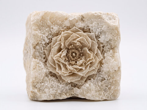 Desert rose gypsum crystal formation isolated on white background