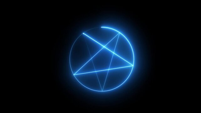 Glowing blue neon pentagram star inside circular ring graphic design animation.