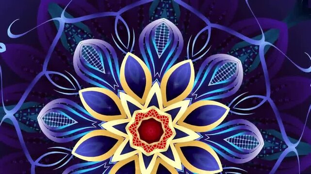 Animated ornamental mandala with symmetrical blue, gold, and red floral patterns expanding and rotating