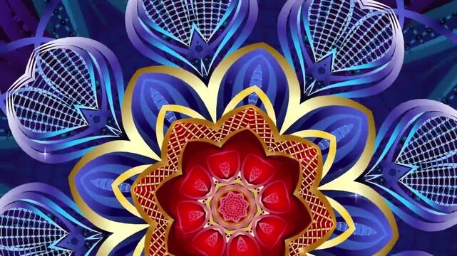 Animated kaleidoscopic mandala with red gold and blue geometric floral patterns pulsing and transforming