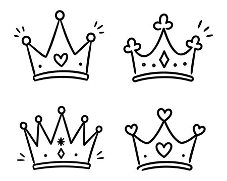 Hand Drawn Crown Icon Set Vector Royalty Queen King Line Art